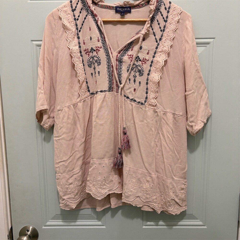 Artesia Womens Tunic Blouse Pink Embroidered Boho Tassel Tie Size L